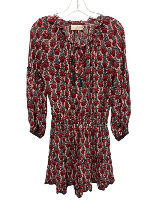 Natalie Martin Size S Red, Pink, Green Rayon Flowers Tie Neck Mini Dress Red, Pink, Green / S