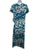 La Double J Size XS Teal Blue & White Silk Twill Floral Midi swing Dress Teal Blue & White / XS