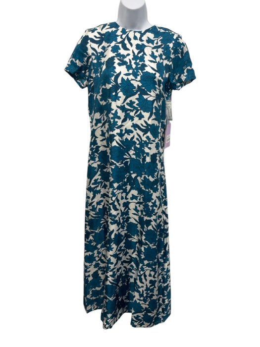 La Double J Size XS Teal Blue & White Silk Twill Floral Midi swing Dress Teal Blue & White / XS