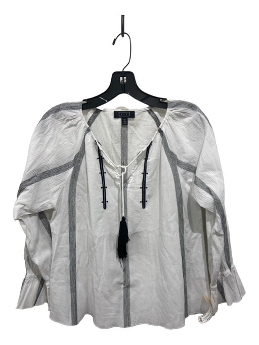 AYR Size XS White & Black Cotton Long Sleeve Embroidered Tassel V Neck Top White & Black / XS