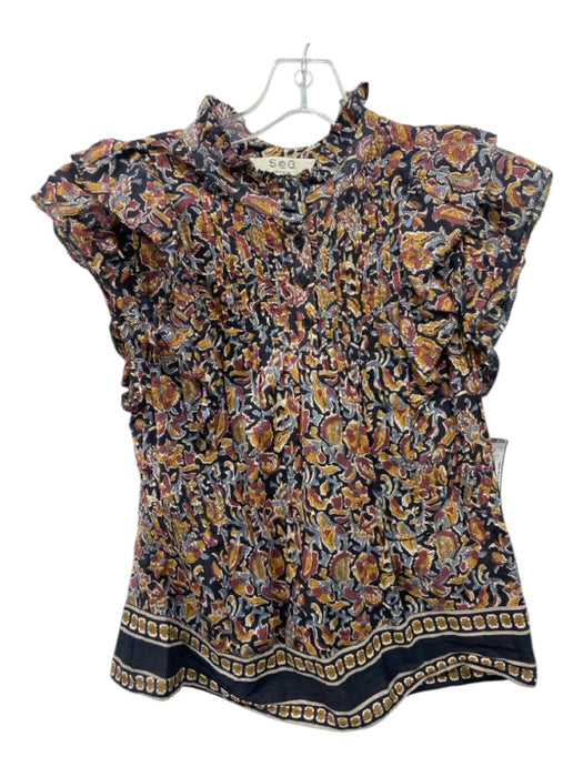 Sea New York Size 4 Navy, Yellow & Red Cotton Floral Half Button Top Navy, Yellow & Red / 4