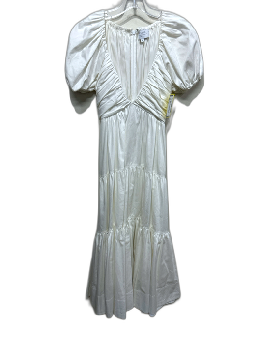 La Ligne Size XS White Cotton Short Puff Sleeve Gathered V Neck Dress White / XS