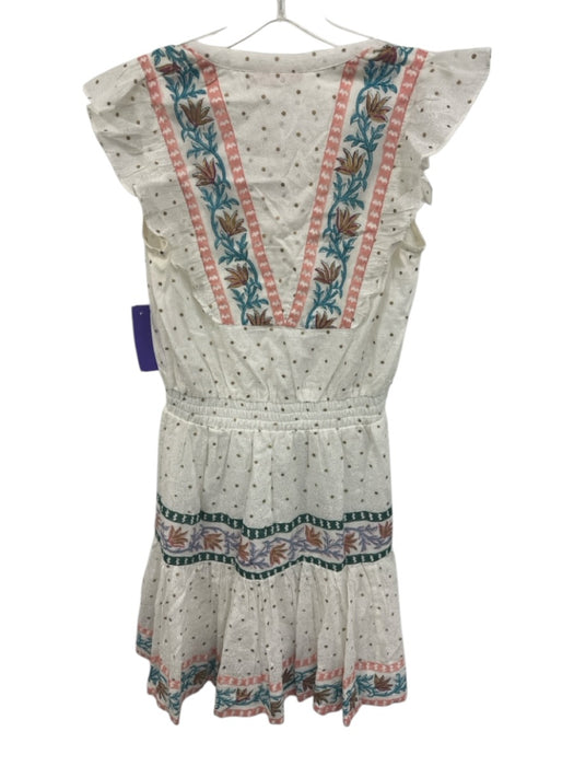 Oliphant Size XS White, Pink & Teal Cotton Sleeveless Tie V Neck Polka dot Dress White, Pink & Teal / XS