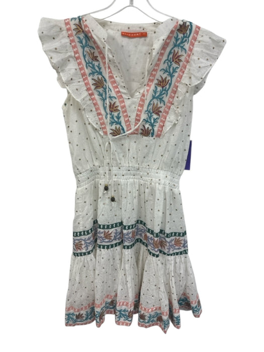 Oliphant Size XS White, Pink & Teal Cotton Sleeveless Tie V Neck Polka dot Dress White, Pink & Teal / XS
