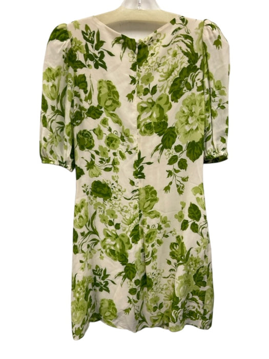 Reformation Size 4 Cream White & Green Viscose Floral 1/2 Sleeve V Neck Dress Cream White & Green / 4