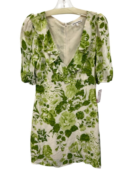 Reformation Size 4 Cream White & Green Viscose Floral 1/2 Sleeve V Neck Dress Cream White & Green / 4