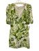 Reformation Size 4 Cream White & Green Viscose Floral 1/2 Sleeve V Neck Dress Cream White & Green / 4