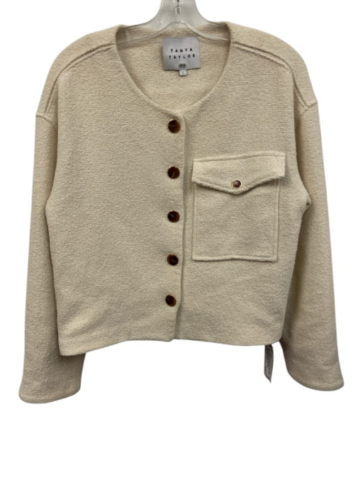Tanya Taylor Size L Cream White & Brown Cotton Blend Boucle Breast Pocket Jacket Cream White & Brown / L