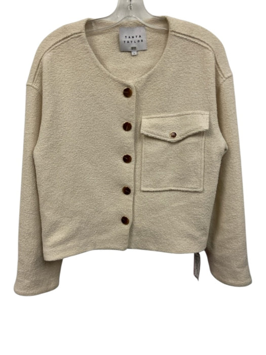 Tanya Taylor Size L Cream White & Brown Cotton Blend Boucle Breast Pocket Jacket Cream White & Brown / L