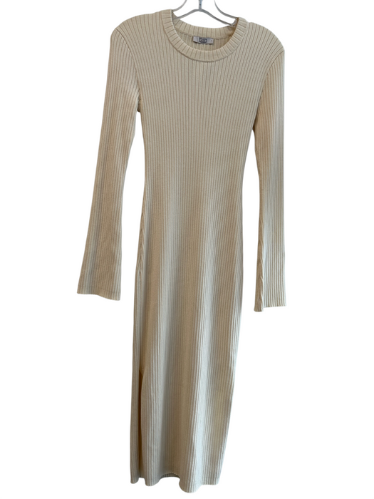 AYR Size Small Cream Nylon Blend Ribbed Knit Long Sleeve Round Neck Dress Cream / Small