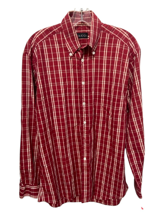 Gucci Size 15 Red & White Cotton Plaid Button Down Men's Long Sleeve Shirt 15