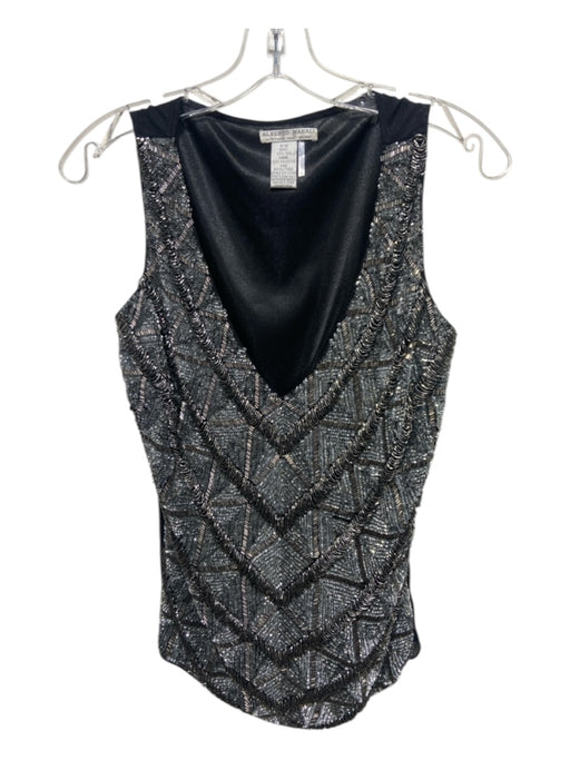 Alberto Makali Size 6/40 Silver & Black Silk & Polyester V Neck Beaded Top Silver & Black / 6/40