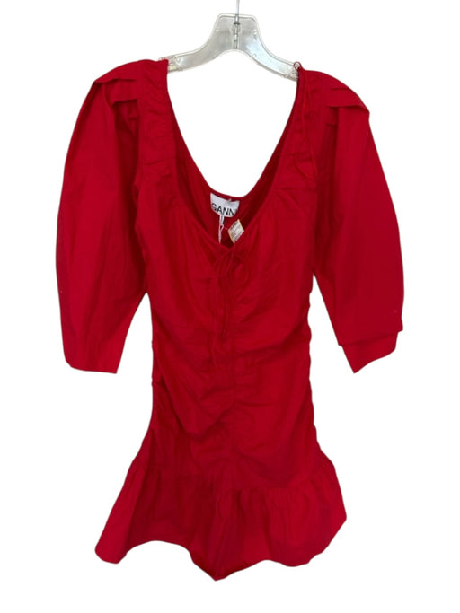 Ganni Size 38 Red Cotton 3/4 Sleeve Tie Puff Hem Dress Red / 38