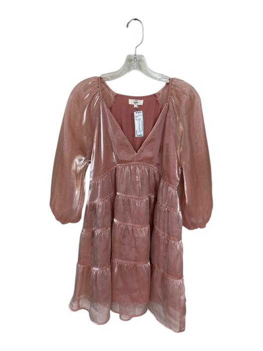 Entro Size S Light Pink Polyester Long Sleeve Metallic V Neck Mini Dress Light Pink / S