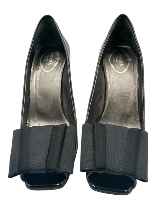 Prada Shoe Size 37 Black Patent Leather Square Peep Toe Bow Detail Ribbon Pumps Black / 37