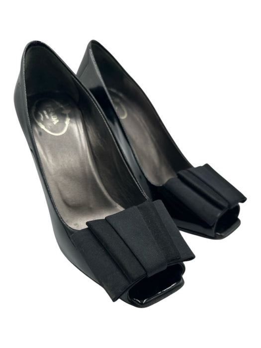 Prada Shoe Size 37 Black Patent Leather Square Peep Toe Bow Detail Ribbon Pumps Black / 37