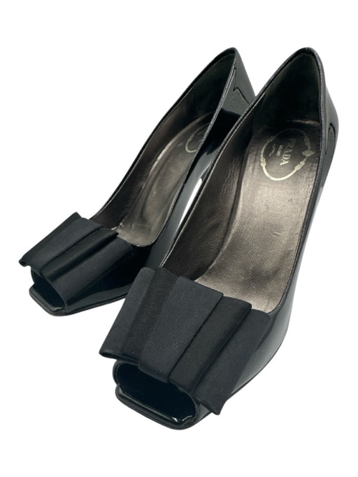Prada Shoe Size 37 Black Patent Leather Square Peep Toe Bow Detail Ribbon Pumps Black / 37