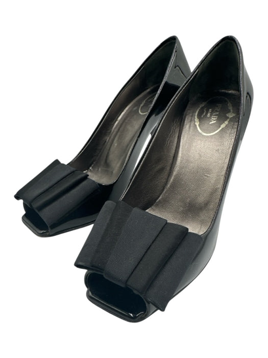 Prada Shoe Size 37 Black Patent Leather Square Peep Toe Bow Detail Ribbon Pumps Black / 37