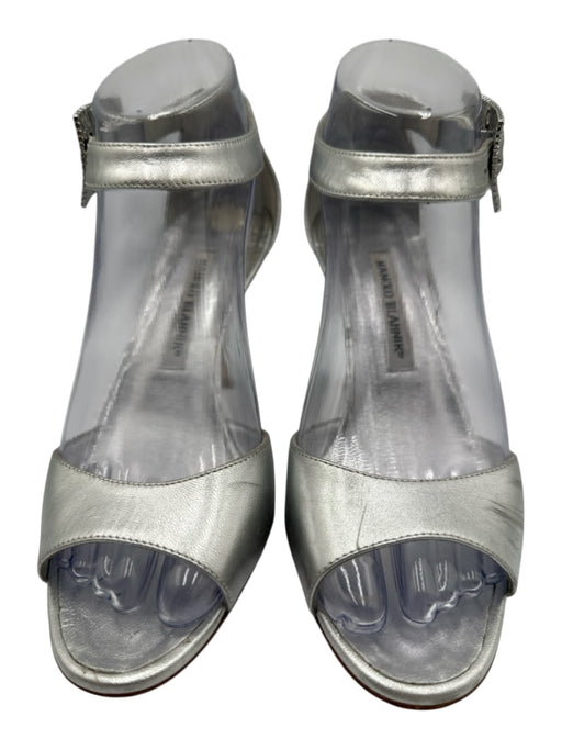 Manolo Blahnik Shoe Size 37.5 Silver Leather Ankle Strap Crystals Buckle Sandals Silver / 37.5