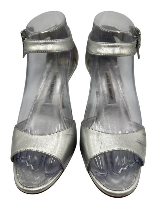 Manolo Blahnik Shoe Size 37.5 Silver Leather Ankle Strap Crystals Buckle Sandals Silver / 37.5