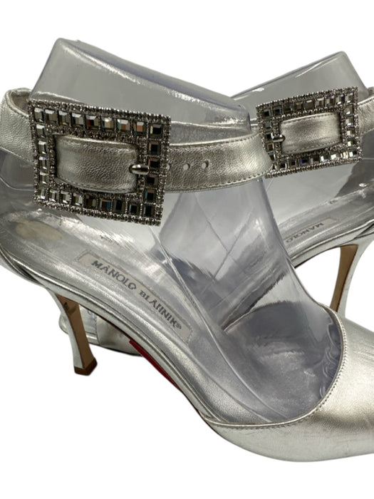 Manolo Blahnik Shoe Size 37.5 Silver Leather Ankle Strap Crystals Buckle Sandals Silver / 37.5