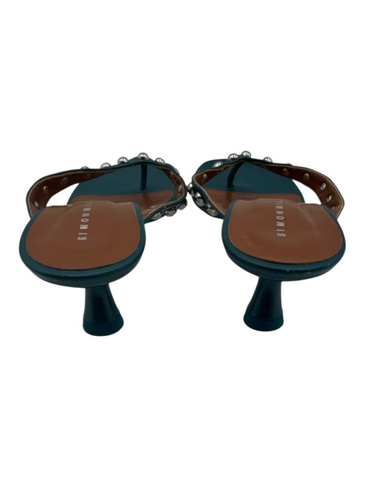Simon Miller Shoe Size 37 Teal & Silver Leather Square Toe Studded Thong Sandals Teal & Silver / 37