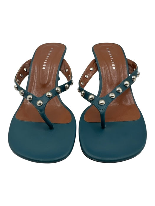 Simon Miller Shoe Size 37 Teal & Silver Leather Square Toe Studded Thong Sandals Teal & Silver / 37