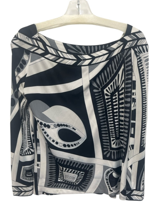 Emilio Pucci Size 6 Gray, Black, White Viscose Long Sleeve Abstract Print Top Gray, Black, White / 6