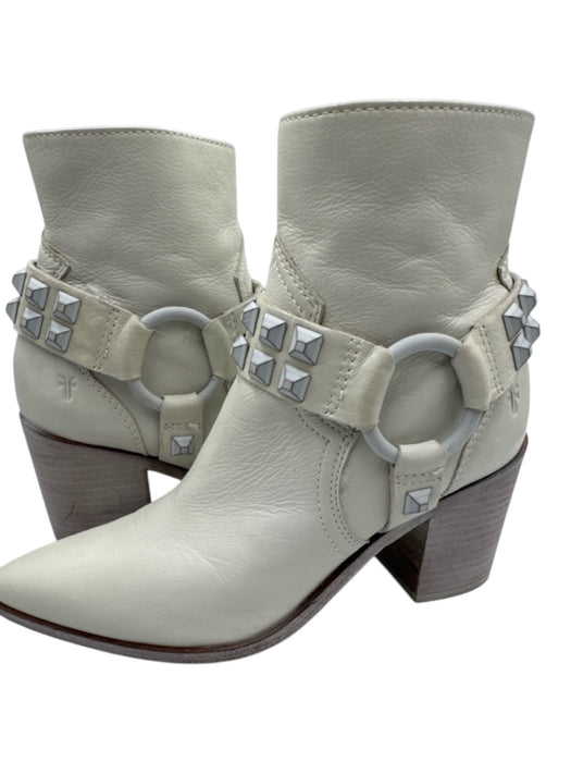 Frye Shoe Size 6.5 Cream Leather Pointed Toe Studded Midi Block Heel Booties Cream / 6.5