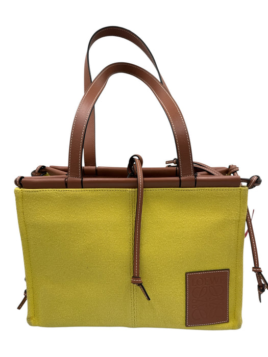 Loewe Yellow & Brown Leather & Canvas Top Handle Logo Drawstring Tote Bag Yellow & Brown / Small