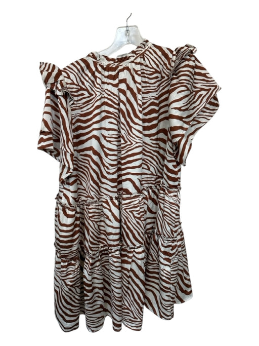 Entro Size L Brown & White Polyester Short Sleeve Zebra Stripe Buttons Dress Brown & White / L