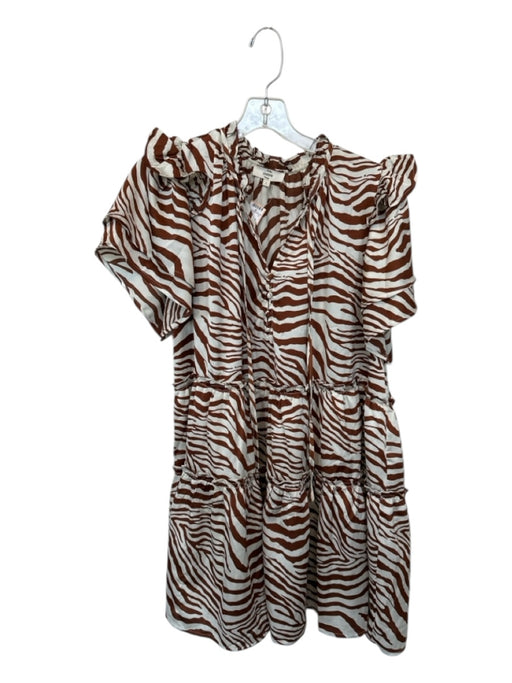 Entro Size L Brown & White Polyester Short Sleeve Zebra Stripe Buttons Dress Brown & White / L