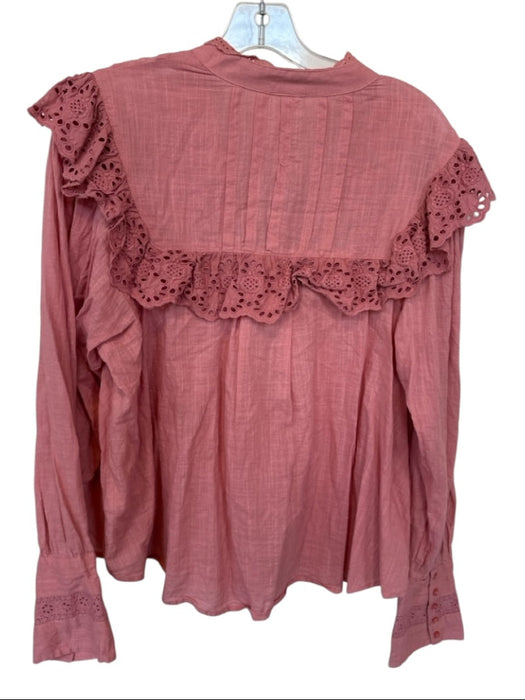 Free People Size L Mauve Cotton Long Balloon Sleeve Eyelet Detail Buttons Top Mauve / L