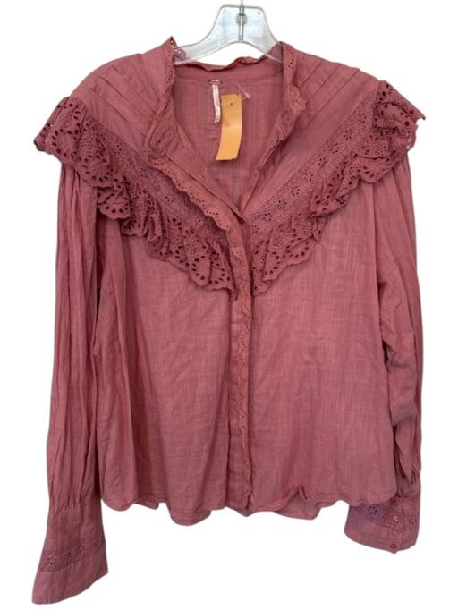 Free People Size L Mauve Cotton Long Balloon Sleeve Eyelet Detail Buttons Top Mauve / L