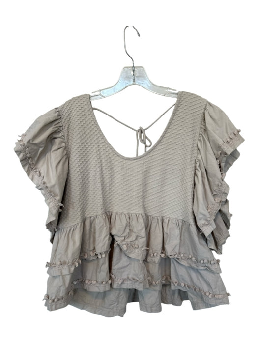 By Anthropologie Size L Taupe Cotton Short Sleeve Lace Detail Back Tie Top Taupe / L