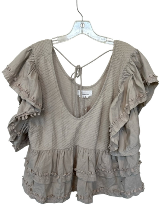 By Anthropologie Size L Taupe Cotton Short Sleeve Lace Detail Back Tie Top Taupe / L