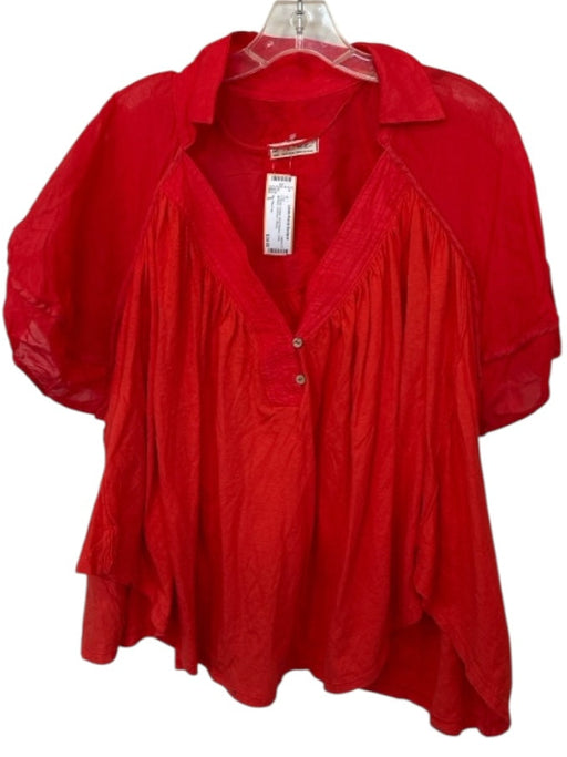 We The Free Size S Tomato Cotton Short Sleeve Collar Buttons Oversize Top Tomato / S