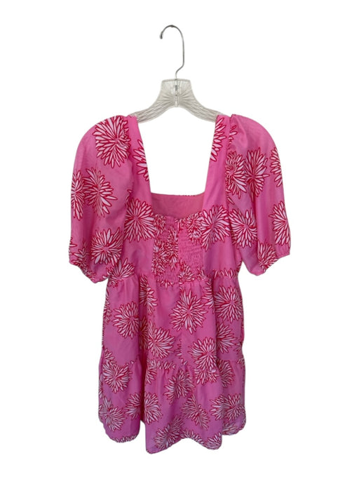 J. Marie Size L Pink & Red Polyester Short Balloon Sleeve Back Zip Flowers Dress Pink & Red / L