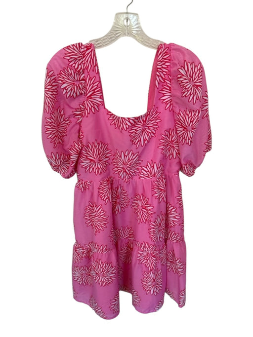 J. Marie Size L Pink & Red Polyester Short Balloon Sleeve Back Zip Flowers Dress Pink & Red / L