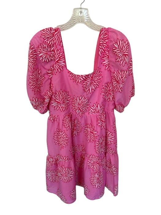 J. Marie Size L Pink & Red Polyester Short Balloon Sleeve Back Zip Flowers Dress Pink & Red / L