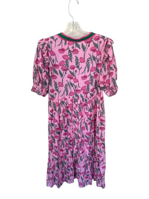 Entro Size L Pink & Green Cotton Short Balloon Sleeve Flowers V Neck Maxi Dress Pink & Green / L
