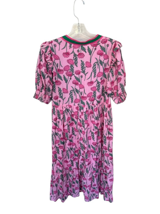 Entro Size L Pink & Green Cotton Short Balloon Sleeve Flowers V Neck Maxi Dress Pink & Green / L