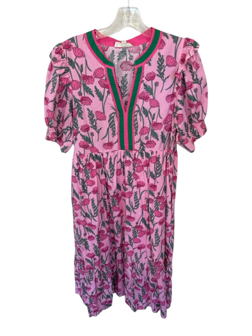 Entro Size L Pink & Green Cotton Short Balloon Sleeve Flowers V Neck Maxi Dress Pink & Green / L