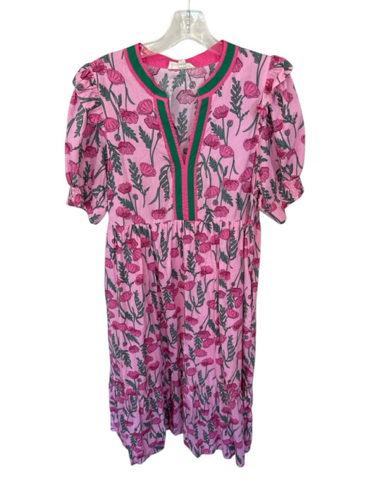 Entro Size L Pink & Green Cotton Short Balloon Sleeve Flowers V Neck Maxi Dress Pink & Green / L