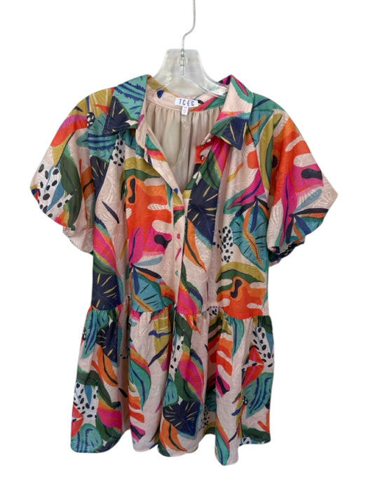 TCEC Size M Tan & multi Polyester Short Sleeve Tropical Buttons Collar Dress Tan & multi / M