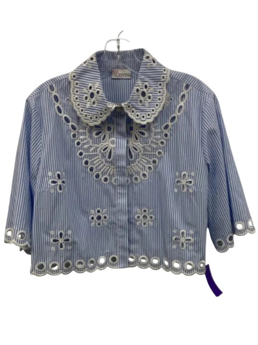 Red Valentino Size 42 Blue & White Cotton 1/2 Sleeve Stripe Crochet Lace Top Blue & White / 42