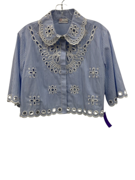 Red Valentino Size 42 Blue & White Cotton 1/2 Sleeve Stripe Crochet Lace Top Blue & White / 42