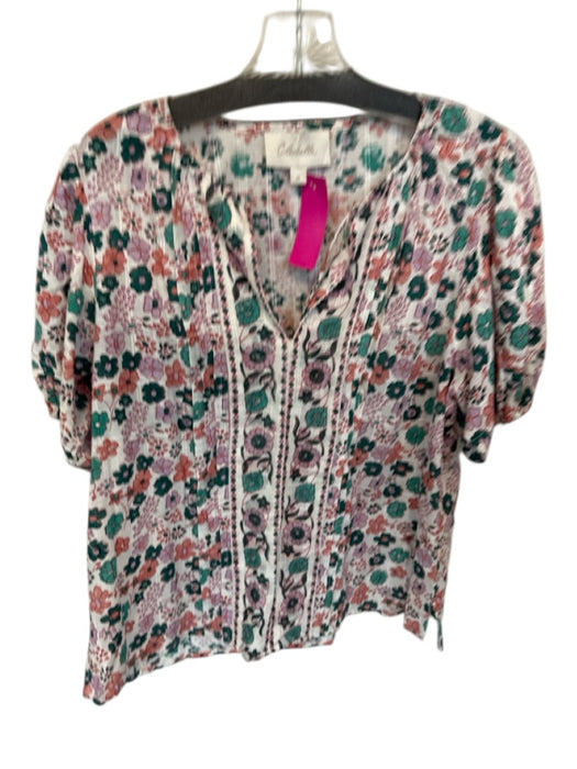 Cleobella Size M Green, Pink & White Cotton Floral Tassel Tie neck Top Green, Pink & White / M