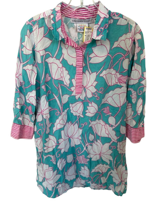Gretchen Scott Size M Aqua Cotton Floral Pink accents Collared Mini Dress Aqua / M