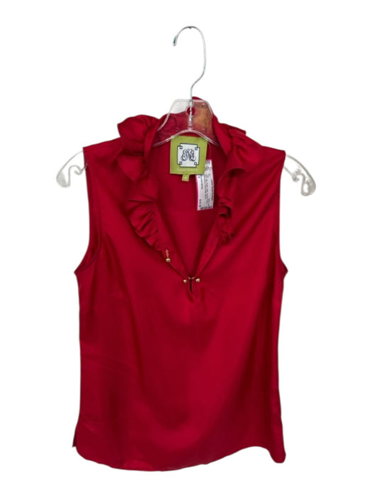 Elizabeth McKay Size 4 Red Silk Ruffle Collar Quarter Button Sleeveless Top Red / 4
